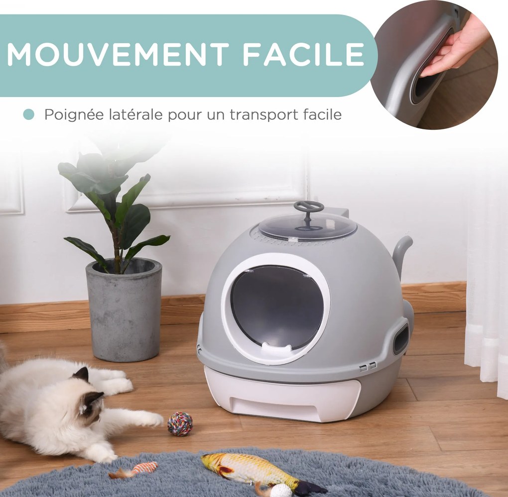 PawHut Macskaalom Tálca Hordozható WC Ház Csúszó Aalomadóval, Lengő Ajtóval és Tetőablakkal + Kanalat Tartalmaz. Méret: 47L x 55W x 44H cm Szürke | Ao