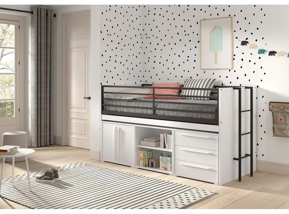 Fehér ágyneműtartós galéria gyerekágy ágyráccsal 90x200 cm Sam – Vipack