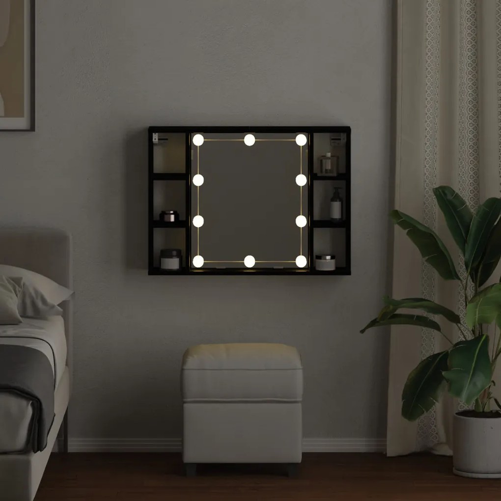 LED Tükör Szekrény - Fekete Tölgy - 76x15x55 cm - Mesterséges Fa