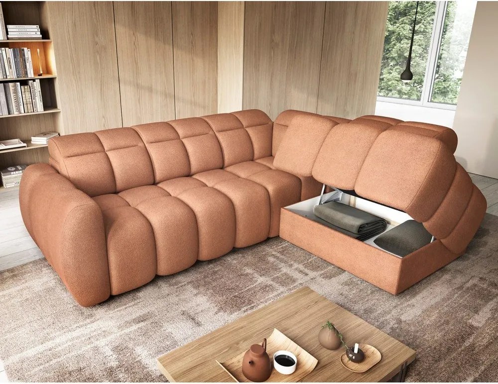 Lazacszínű buklé kinyitható-tárolóhelyes sarokkanapé (jobb oldali-L alakú) Falconn – ELTAP