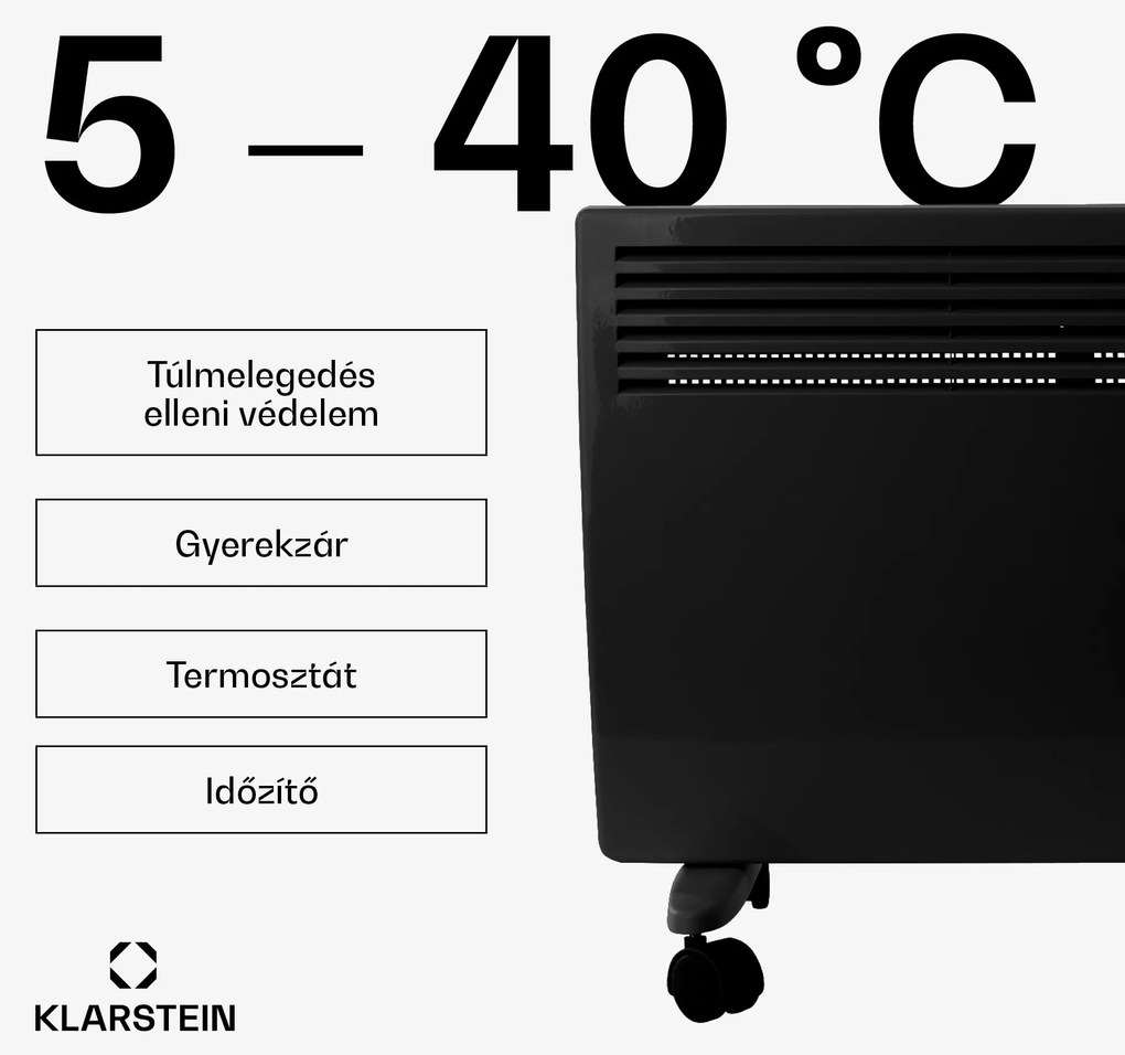 Klarstein Hot Spot Slimcurve, konvektor, fűtőtest, 80 x 40 cm, 40 m², 2000 W, 5 - 40 °C, IP24, fekete