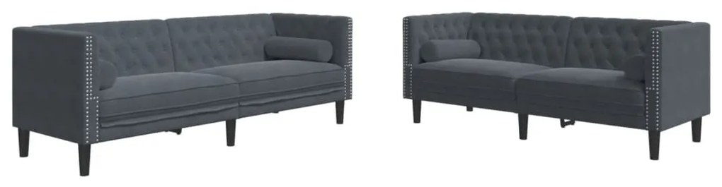 2 részes sötétszürke bársony Chesterfield kanapészett párnákkal