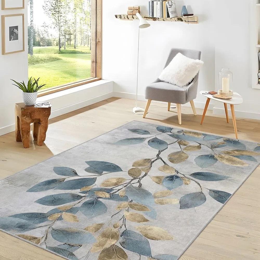 Világoskék-aranyszínű mosható szőnyeg 80x150 cm Golden Leaves – Mila Home