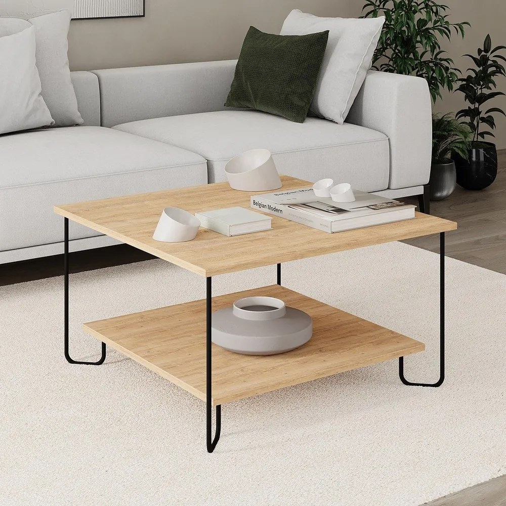 Natúr színű dohányzóasztal tölgyfa dekoros asztallappal 80x80 cm Tonka – Marckeric