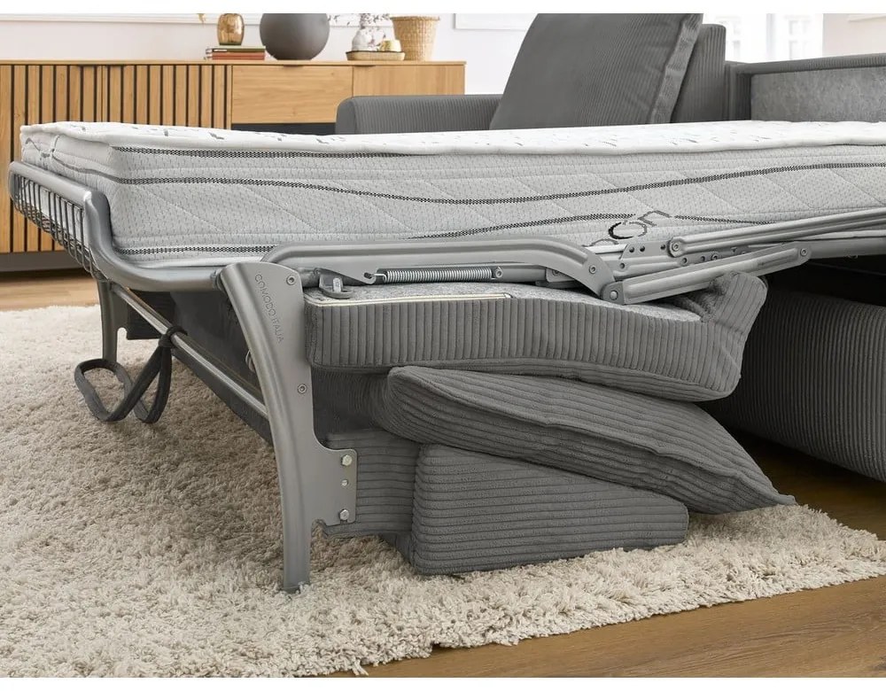 Szürke kordbársony kinyitható sarokkanapé (variálható) Augustin – Bobochic Paris