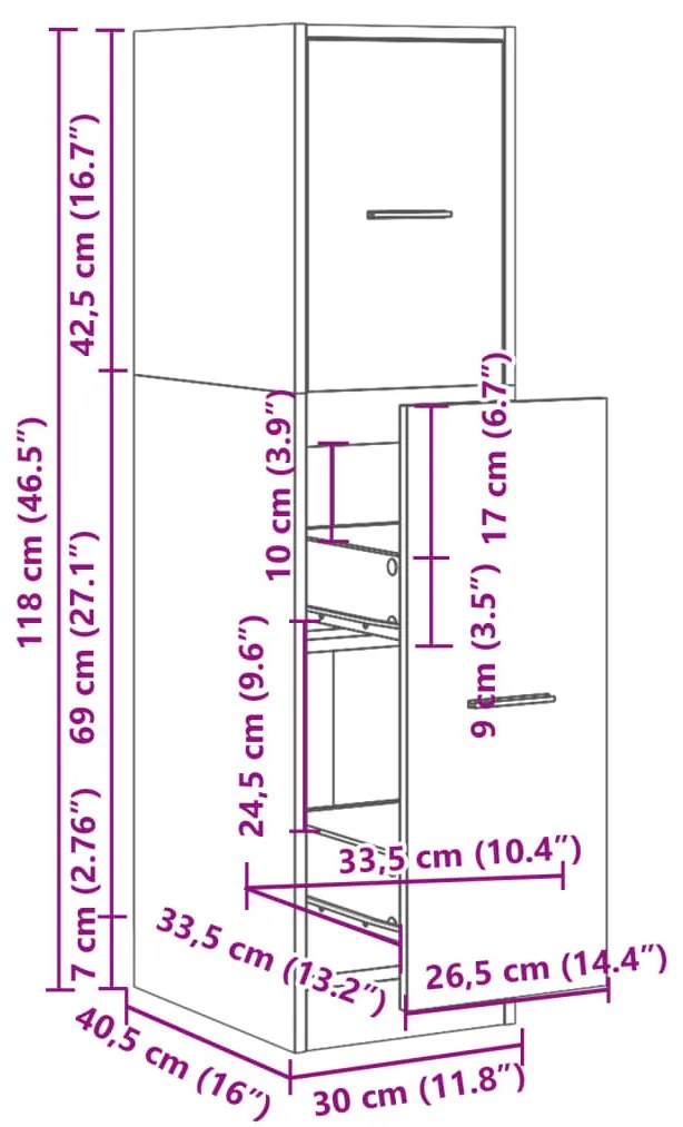 füstös tölgy színű szerelt fa patikaszekrény 30 x 41 x 118 cm