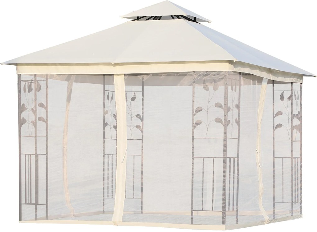 Outsunny Kerti Pavilon 3x3x2.8 m Kültéri Nagy Előtető Dupla Tetővel, Szúnyoghálóval és Acélvázal Terasz Partira Fehér | Aosom
