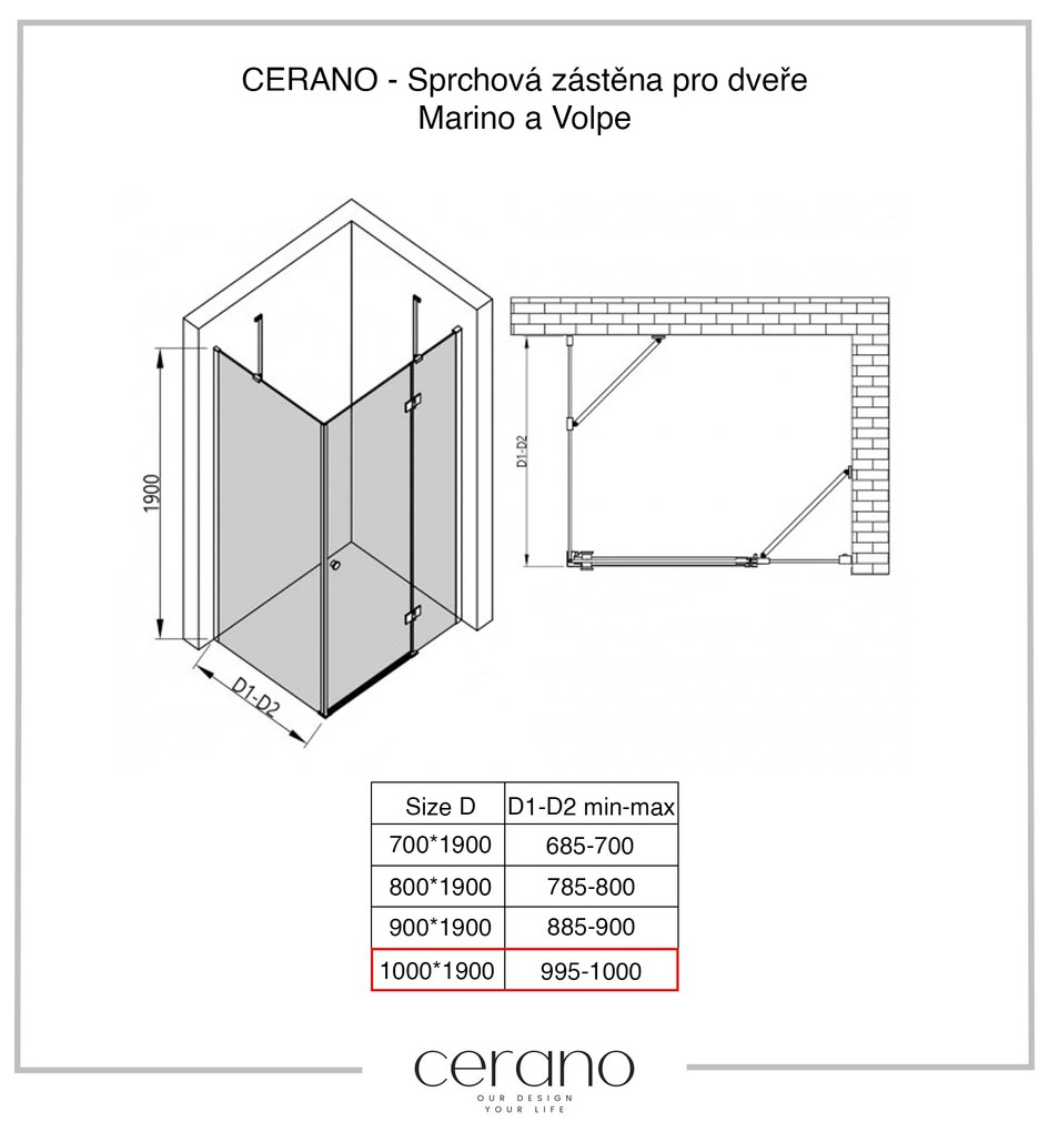 CERANO Cerano, fix zuhanyparaván Marino és Volpe ajtókhoz 100x190 cm, 6mm átlátszó üveg, fekete profil, CER-CER-420273