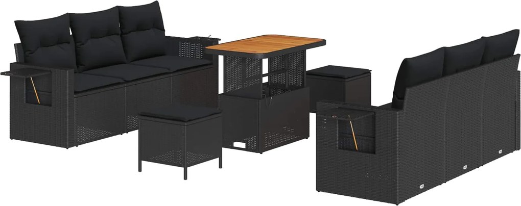 vidaXL Kerti Kanapé Szett párnával 9 pcs Fekete polirattan