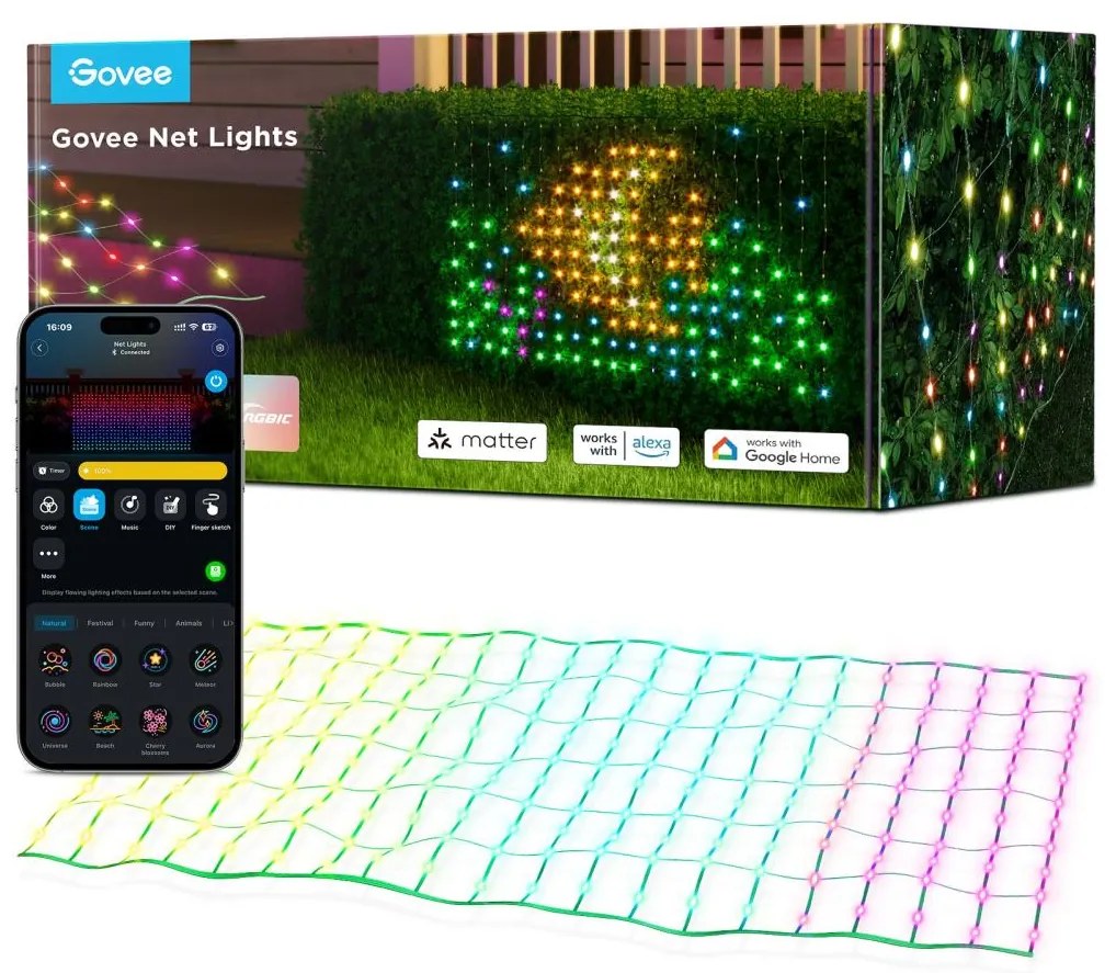 Govee - LED RGBIC Kültéri világító háló 143x85cm Wi-Fi Matter IP65