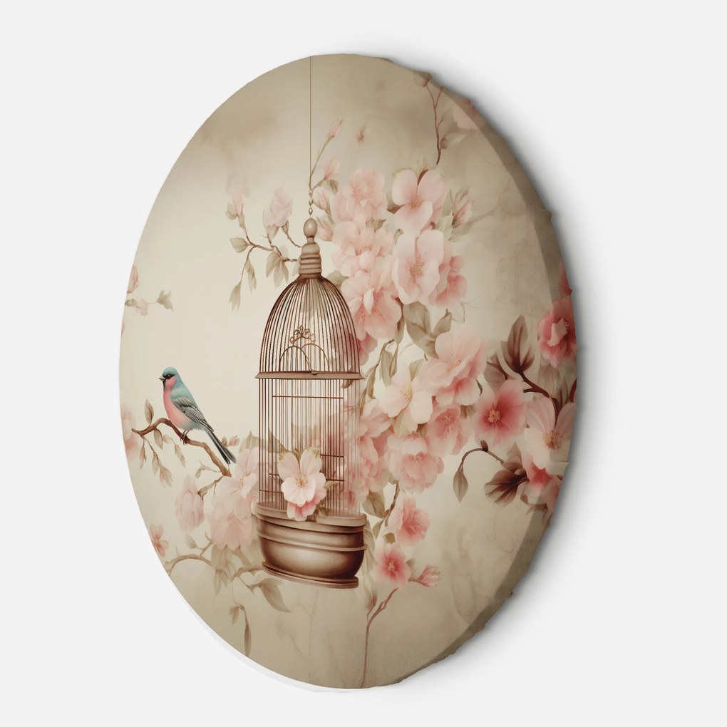 Gario Kerek vászonkép Irágok, madárkalitka és színes madár Méret: 40 x 40 cm