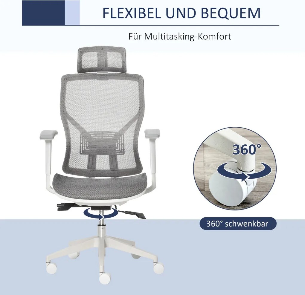Vinsetto Ergonomikus irodai szék, derékpárna, 3D kartámaszok, ergonomikus, hálós szövet, szürke.