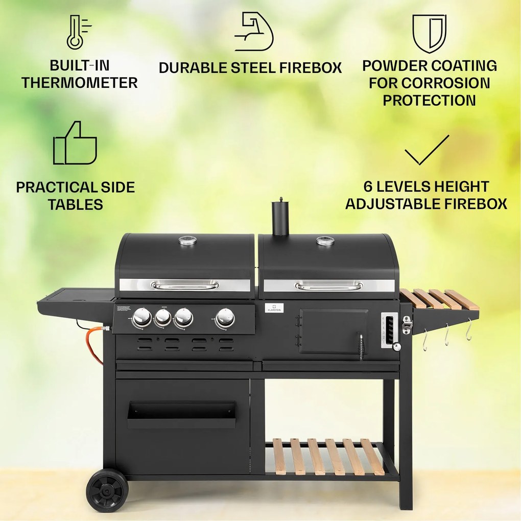 Aberdeen, kombinált grill, gáz, faszén, füstölő, hőmérő, 2 kiegészítő asztal, mobil