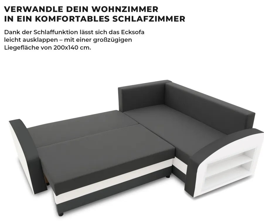 Grande sarokkanapé polcokkal , polc a jobb karfaban, jobboldali, szövet anyag, bonell töltet, szürke - fehér