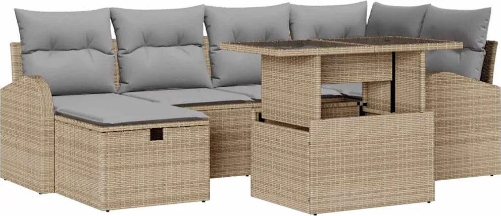 vidaXL Kerti Kanapé Szett párnával tárolóval 7 pcs Bézs Poli rattan