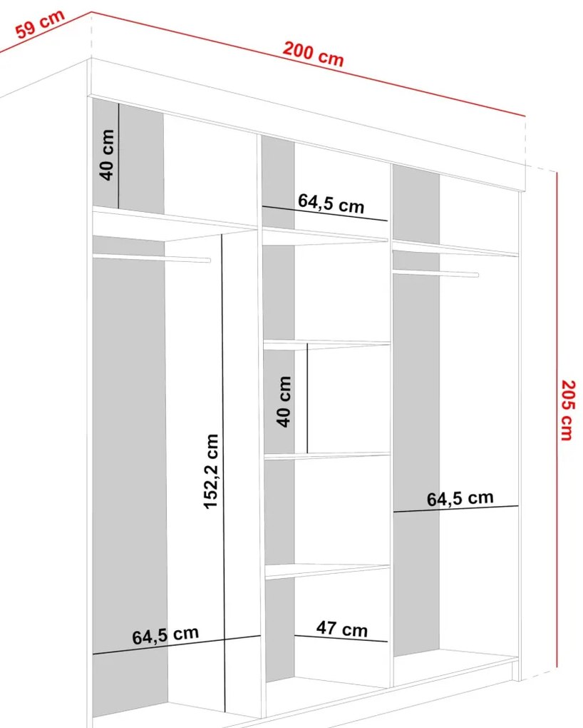 Bill 2 200 Tolóajtós Szekrény 200cm, Fehér-Grafit