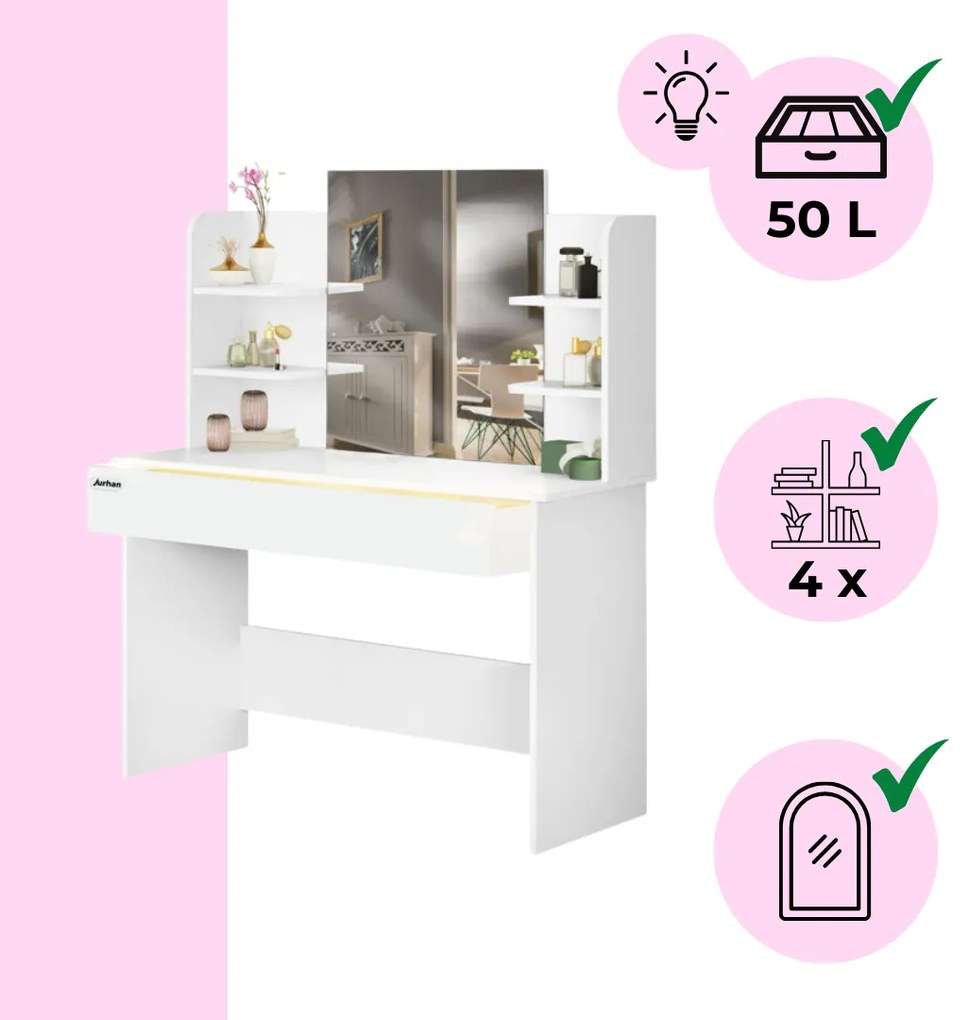 LUCIA fésülködőasztal, 108x40x140cm, fehér Casaria