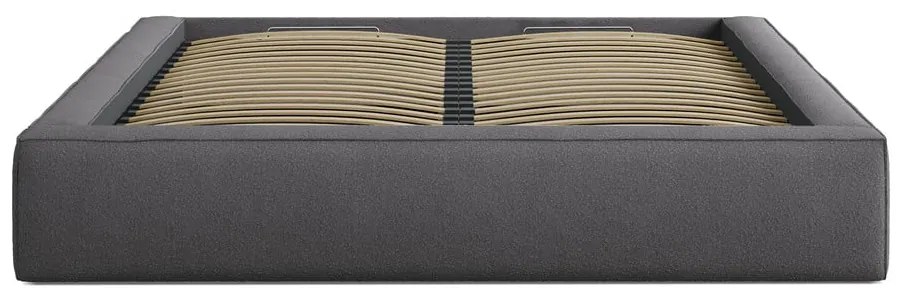 Sötétszürke kárpitozott ágyneműtartós franciaágy ágyráccsal 140x200 cm Simon – Micadoni