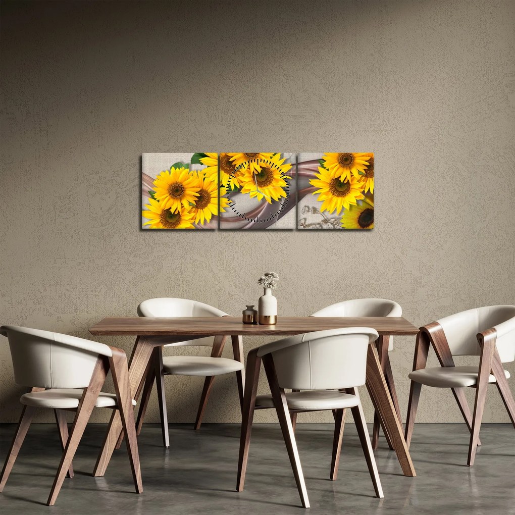 Kép - Ragyogó napraforgó virágok (órával) (90x30 cm)