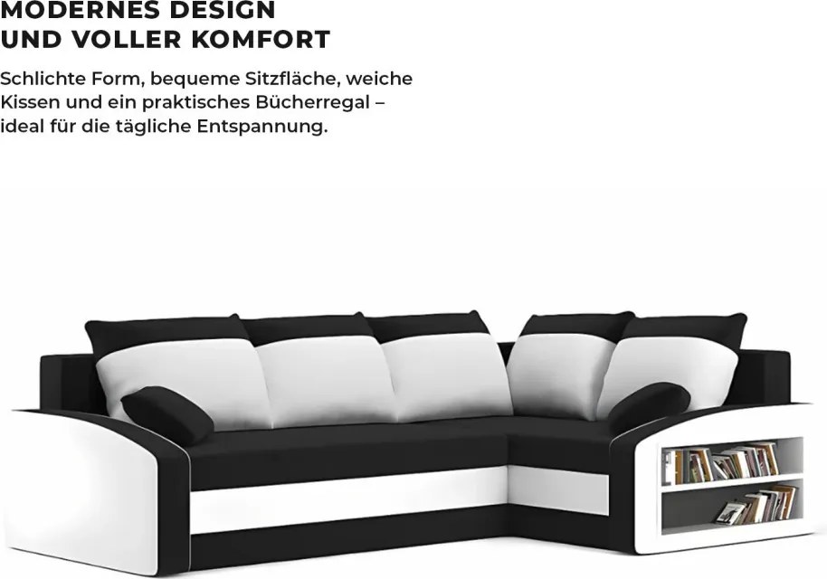 Grande sarokkanapé polcokkal , polc a jobb karfaban, jobboldali, szövet anyag, bonell töltet, fekete - fehér