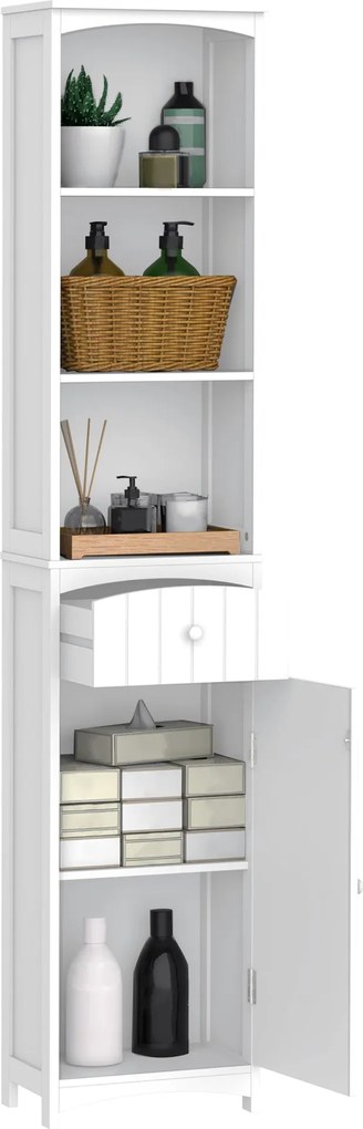 HOMCOM Magas, Keskeny Fürdőszobás Szekrény 1 Fiókkal és 3 Nyitott Polccal - Modern Stílus a Nappaliba, Fürdőszobába és Konyhába 34x24x170 cm Fehér | A