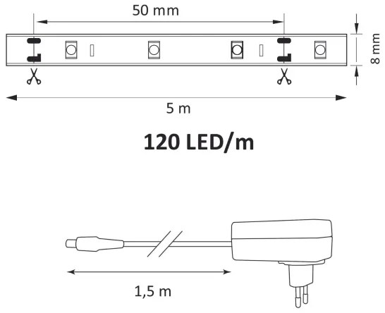 LED szalag 5m, 36W, 12V, 4000K, semleges fehér fény