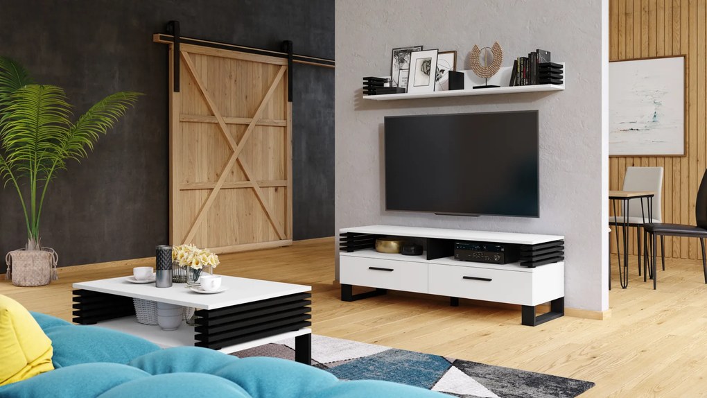 Mazzoni GOKEE RTV-145 Fehér Matt/Fekete Matt - MODERN LAMELLÁS TV ASZTAL