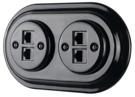 Bohemia-Design - Porcelán retro Ethernet csatlakozó kerettel, 2× CAT5e, fekete