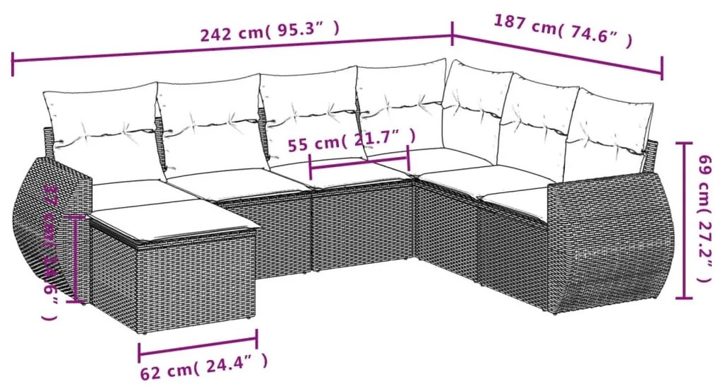 7 részes fekete polyrattan kerti ülőgarnitúra párnával