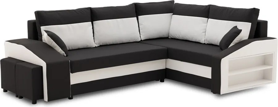 Grande sarokkanapé polcokkal és puffokkal , polc a jobb karfaban puffok a bal karfaban, jobboldali, szövet anyag, bonell töltet, fekete - fehér