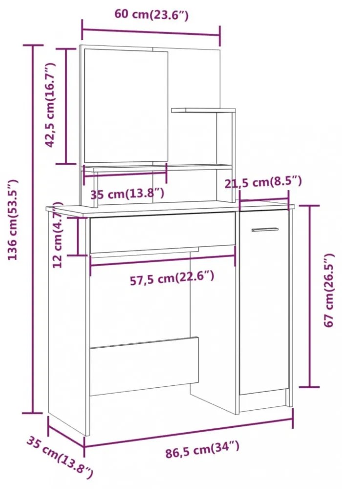 betonszürke színű fésülködőasztal-szett 86,5 x 35 x 136 cm