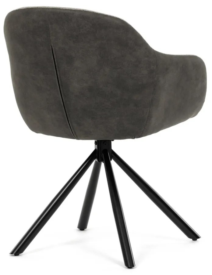 Scaun de sufragerie pivotant, țesătură bej și țesătură gri închis, cu decor vintage din piele, metal negru, rotativ P90°+ L90° cu mecanism de retragere