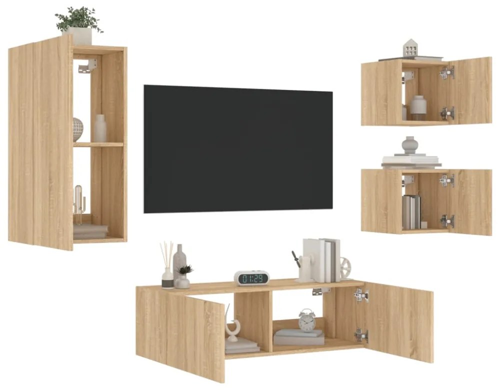 4 darab sonoma tölgy színű falra szerelhető TV-szekrény LED-del