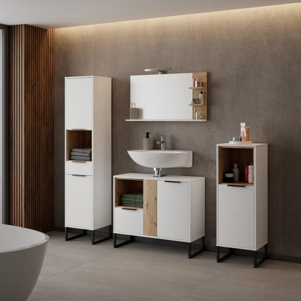 Szekrény mosdó alá, fehér/artisan tölgy, CUBO CUB03