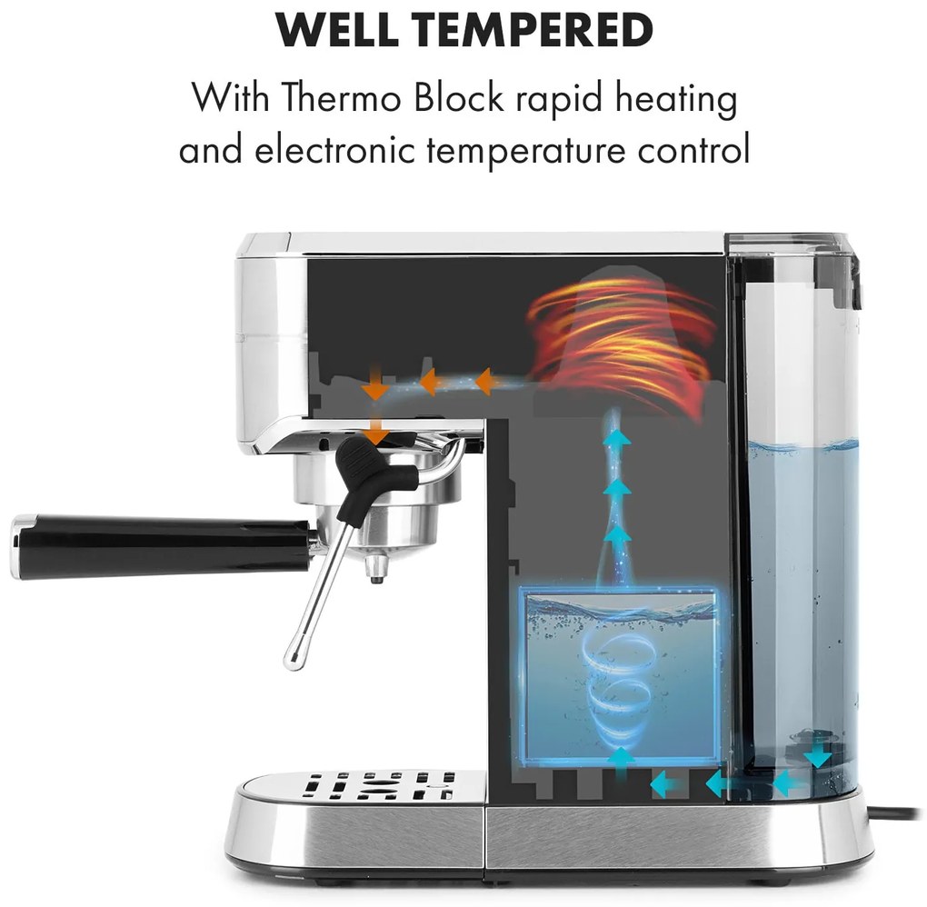 Klarstein Futura, eszpresszógép, 1450 W, 20 bar, 1,25 l, rozsdamentes acél