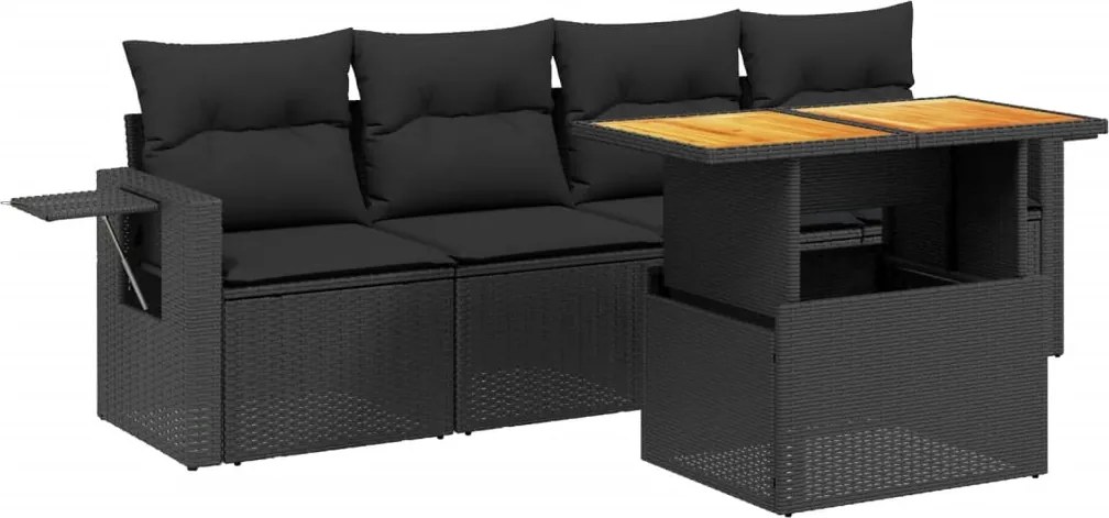 vidaXL 5 részes fekete polyrattan kerti kanapészett párnákkal