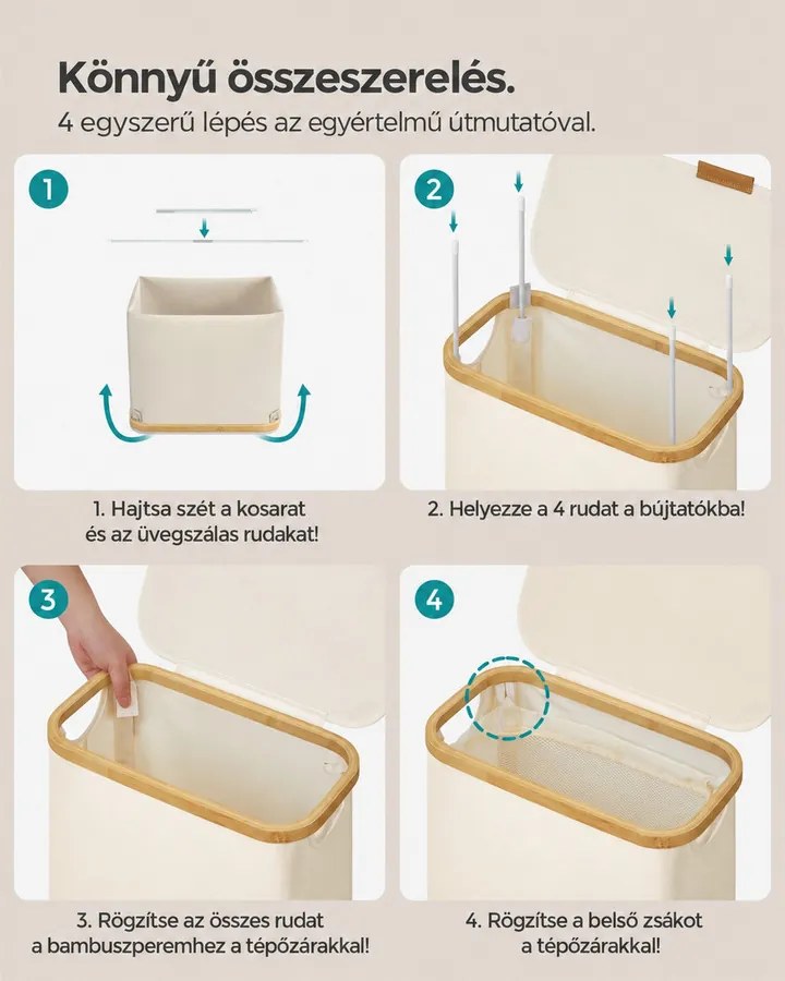 Fedeles mosókosár, 65L, levehető hálós bélés, összecsukható, krémszínű