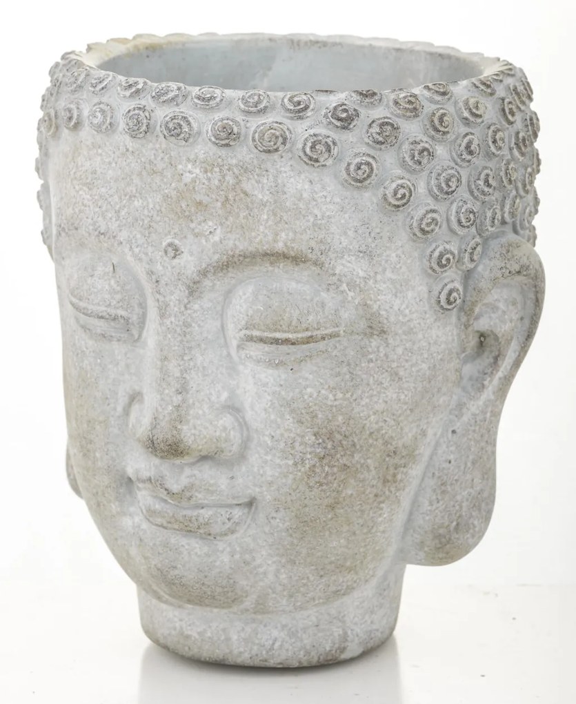 Cyrus design kerek buddha arcot ábrázoló szürke cement virágtartó váza 17x14x13cm