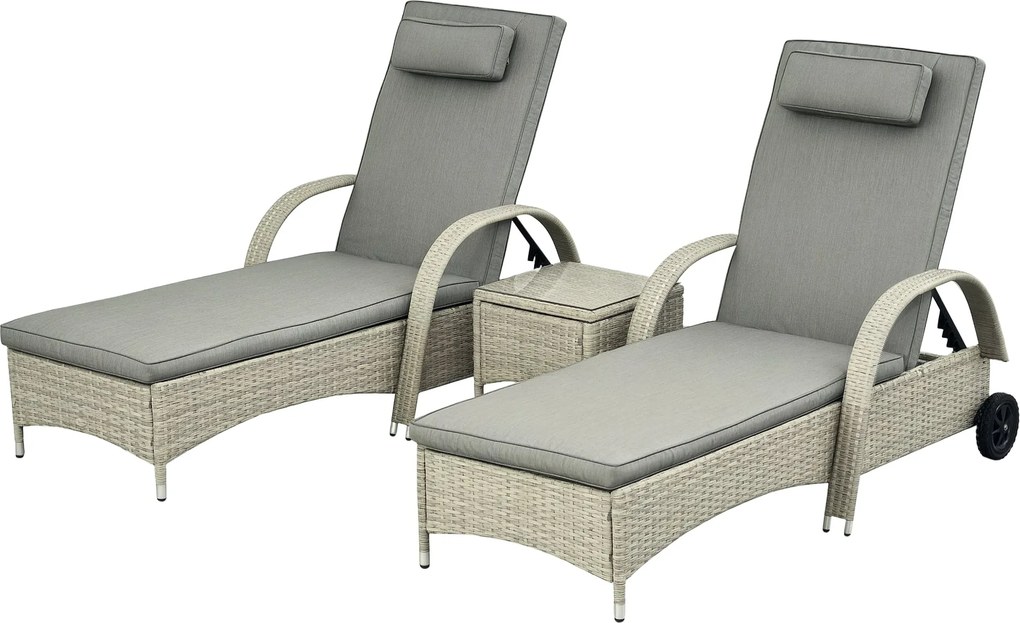 Outsunny 3 részes Napozó Kerti Bútor Szett, Polyrattan + Fém Szürke | Aosom