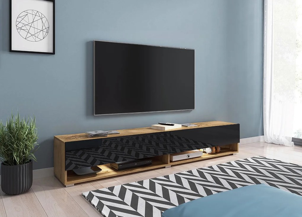TV asztal/szekrény Aldesia 180 (wotan + fényes fekete) (RGB LED világítás színes). 1053721
