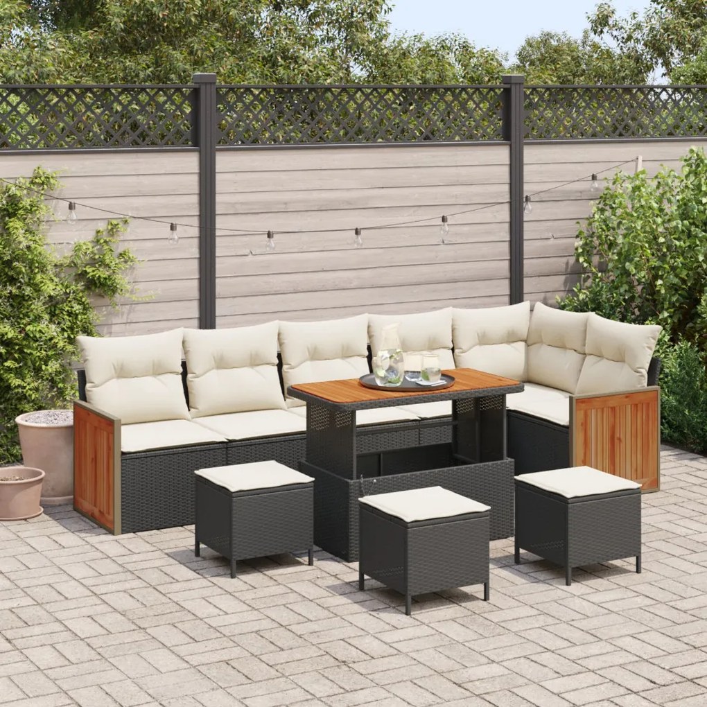 9 részes Kerti Kanapé Készlet Párnákkal Fekete Poly Rattan, 2-személyes Kerti Kanapé Párnákkal Fekete Poly Rattan, 3 részes Kerti Étkező Készlet Párnákkal Fekete Poly Rattan