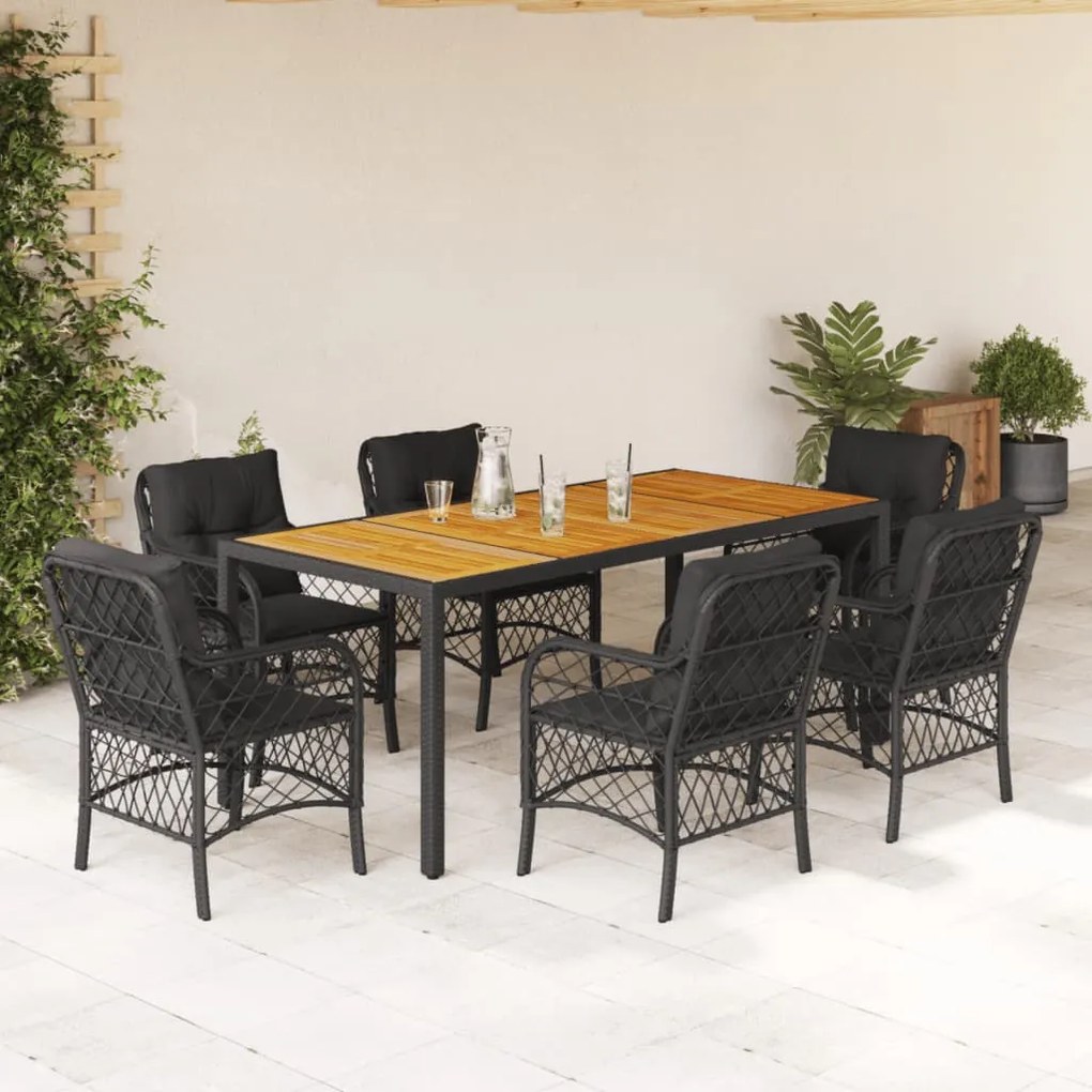 7 részes fekete polyrattan kerti étkezőgarnitúra párnával