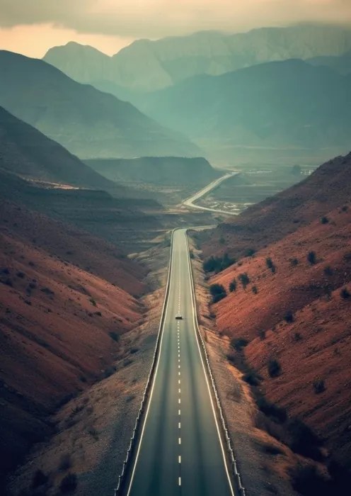 Poszter Autó az úton Hegyek Papír Poszter Fa keret 70x100