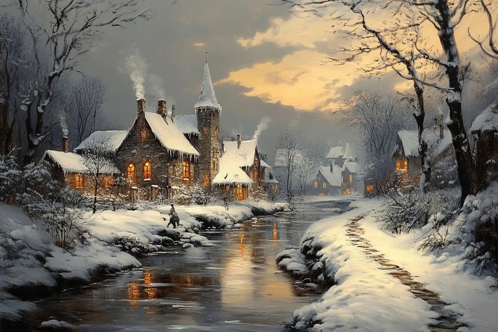 Vászonkép Canvas Tájkép Város Folyó Házak Tél Hó Fagy 120x80