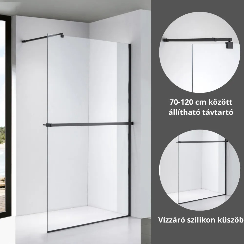 Stuxi Milano Plus Black Walk-in zuhanyfal, 130x200 cm, 8 mm vastag vízlepergető biztonsági üveggel, matt fekete profillal, távtartóval, polccal és törölközőtartóval