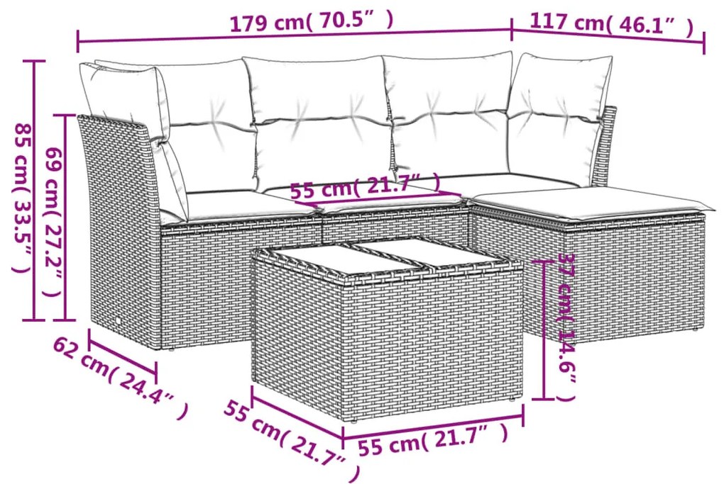 5 részes szürke polyrattan kerti ülőgarnitúra párnákkal