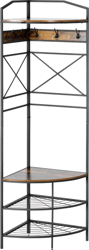 HOMCOM Szabadonálló Kabátállvány Fogasokkal, Sarok Belépő Kabátállvány Ülőfelülettel és Cipőtartóval, Ipari Stílusú Polc, 50x50x183cm, Rusztikus Barna