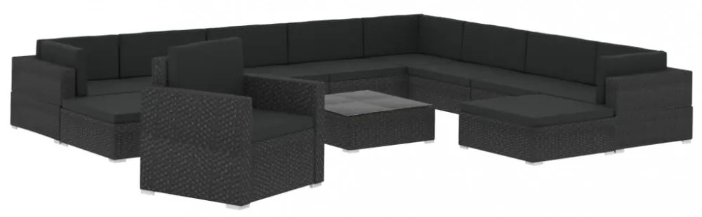 12 részes fekete polyrattan kertibútor-garnitúra párnákkal