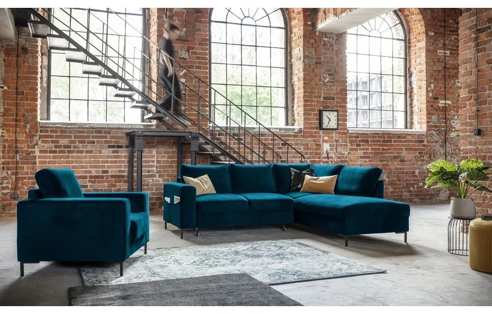 Türkiz bársony kinyitható sarokkanapé (jobb oldali) Lofty Lilly – Miuform