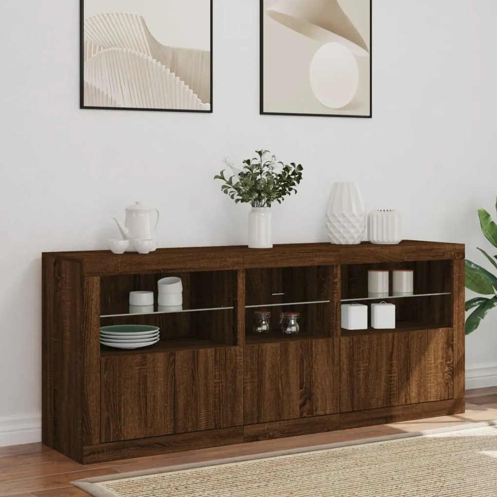 barna tölgy színű tálalószekrény LED-ekkel 162 x 37 x 67 cm